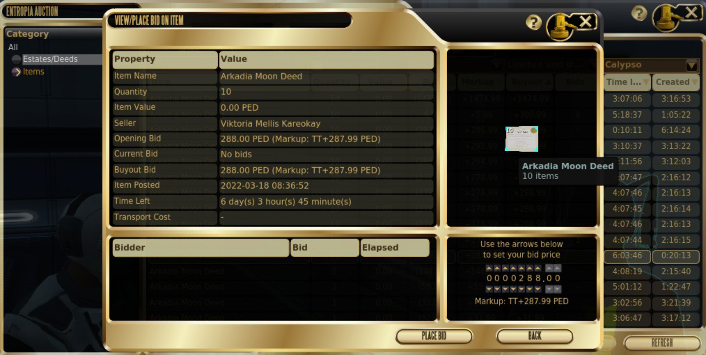 Calypso auction window