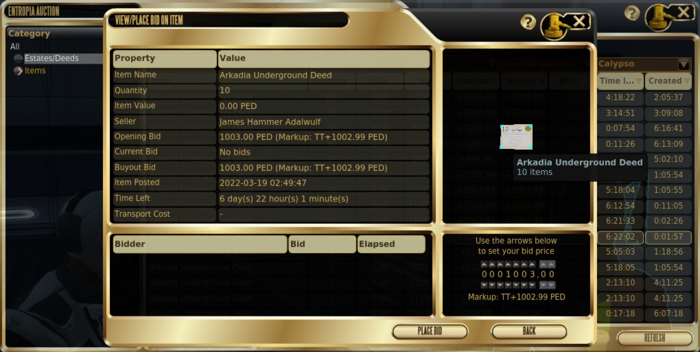 Calypso auction window