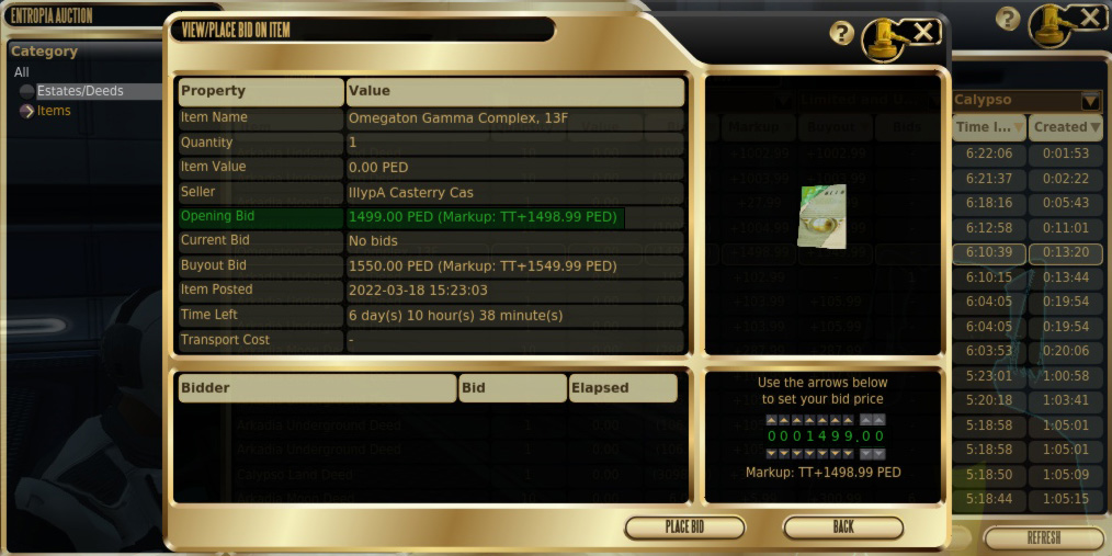 Calypso auction window