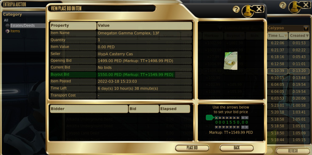 Calypso auction window